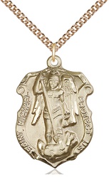 [5448GF/24GF] 14kt Gold Filled Saint Michael the Archangel Shield Pendant on a 24 inch Gold Filled Heavy Curb chain