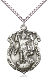[5448SS/24SS] Sterling Silver Saint Michael the Archangel Shield Pendant on a 24 inch Sterling Silver Heavy Curb chain