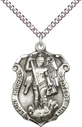 [5448SS/24SS] Sterling Silver Saint Michael the Archangel Shield Pendant on a 24 inch Sterling Silver Heavy Curb chain