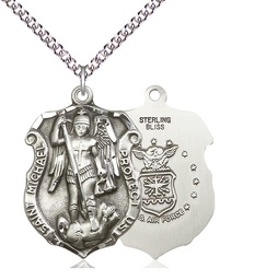 [5448SS1/24SS] Sterling Silver Saint Michael Air Force Pendant on a 24 inch Sterling Silver Heavy Curb chain