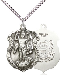 [5448SS3/24SS] Sterling Silver Saint Michael Coast Guard Pendant on a 24 inch Sterling Silver Heavy Curb chain