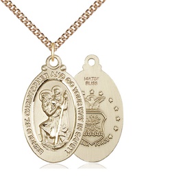 [4145GF1/24GF] 14kt Gold Filled Saint Christopher Air Force Pendant on a 24 inch Gold Filled Heavy Curb chain