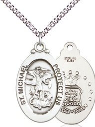 [4145RSS1/24SS] Sterling Silver Saint Michael Air Force Pendant on a 24 inch Sterling Silver Heavy Curb chain