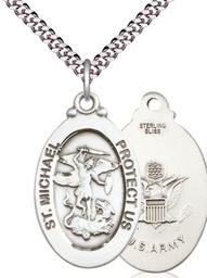 [4145RSS2/24S] Sterling Silver Saint Michael Army Pendant on a 24 inch Light Rhodium Heavy Curb chain