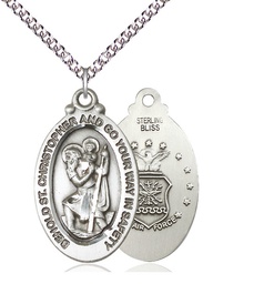 [4145SS1/24SS] Sterling Silver Saint Christopher Air Force Pendant on a 24 inch Sterling Silver Heavy Curb chain