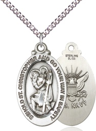 [4145SS6/24SS] Sterling Silver Saint Christopher Navy Pendant on a 24 inch Sterling Silver Heavy Curb chain