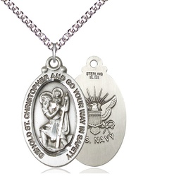 [4145SS6/24SS] Sterling Silver Saint Christopher Navy Pendant on a 24 inch Sterling Silver Heavy Curb chain