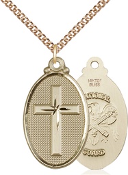 [4145YGF5/24GF] 14kt Gold Filled Cross National Guard Pendant on a 24 inch Gold Filled Heavy Curb chain