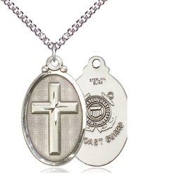 [4145YSS3/24SS] Sterling Silver Cross Coast Guard Pendant on a 24 inch Sterling Silver Heavy Curb chain