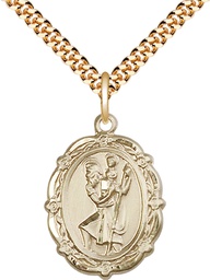 [4146CGF/24G] 14kt Gold Filled Saint Christopher Pendant on a 24 inch Gold Plate Heavy Curb chain