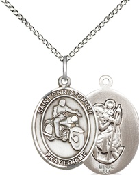 [8185SS/18SS] Sterling Silver Saint Christopher Motorcycle Pendant on a 18 inch Sterling Silver Light Curb chain