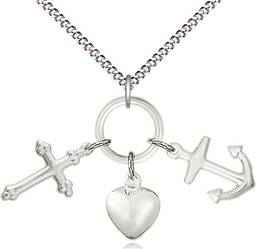 [4158SS/18S] Sterling Silver Faith, Hope &amp; Charity Pendant on a 18 inch Light Rhodium Light Curb chain