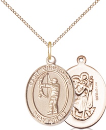 [8190GF/18GF] 14kt Gold Filled Saint Christopher Archery Pendant on a 18 inch Gold Filled Light Curb chain