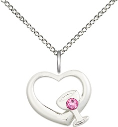 [4205SS-STN10/18SS] Sterling Silver Heart / Chalice Pendant with a 3mm Rose Swarovski stone on a 18 inch Sterling Silver Light Curb chain