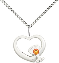 [4205SS-STN11/18SS] Sterling Silver Heart / Chalice Pendant with a 3mm Topaz Swarovski stone on a 18 inch Sterling Silver Light Curb chain