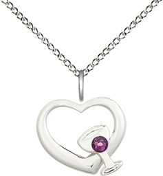 [4205SS-STN2/18SS] Sterling Silver Heart / Chalice Pendant with a 3mm Amethyst Swarovski stone on a 18 inch Sterling Silver Light Curb chain