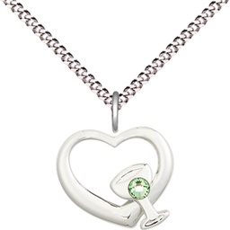 [4205SS-STN8/18S] Sterling Silver Heart / Chalice Pendant with a 3mm Peridot Swarovski stone on a 18 inch Light Rhodium Light Curb chain