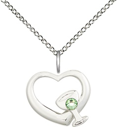 [4205SS-STN8/18SS] Sterling Silver Heart / Chalice Pendant with a 3mm Peridot Swarovski stone on a 18 inch Sterling Silver Light Curb chain