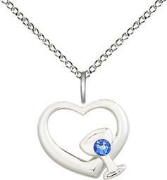 [4205SS-STN9/18SS] Sterling Silver Heart / Chalice Pendant with a 3mm Sapphire Swarovski stone on a 18 inch Sterling Silver Light Curb chain