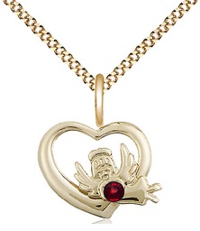 [4206GF-STN1/18G] 14kt Gold Filled Heart / Guardian Angel Pendant with a 3mm Garnet Swarovski stone on a 18 inch Gold Plate Light Curb chain