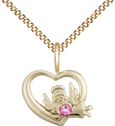 [4206GF-STN10/18G] 14kt Gold Filled Heart / Guardian Angel Pendant with a 3mm Rose Swarovski stone on a 18 inch Gold Plate Light Curb chain