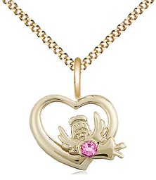 [4206GF-STN10/18G] 14kt Gold Filled Heart / Guardian Angel Pendant with a 3mm Rose Swarovski stone on a 18 inch Gold Plate Light Curb chain