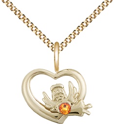 [4206GF-STN11/18G] 14kt Gold Filled Heart / Guardian Angel Pendant with a 3mm Topaz Swarovski stone on a 18 inch Gold Plate Light Curb chain