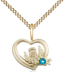 [4206GF-STN12/18G] 14kt Gold Filled Heart / Guardian Angel Pendant with a 3mm Zircon Swarovski stone on a 18 inch Gold Plate Light Curb chain