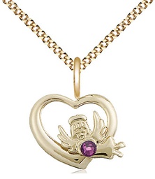 [4206GF-STN2/18G] 14kt Gold Filled Heart / Guardian Angel Pendant with a 3mm Amethyst Swarovski stone on a 18 inch Gold Plate Light Curb chain