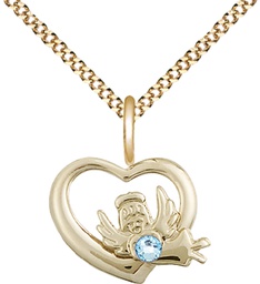 [4206GF-STN3/18G] 14kt Gold Filled Heart / Guardian Angel Pendant with a 3mm Aqua Swarovski stone on a 18 inch Gold Plate Light Curb chain