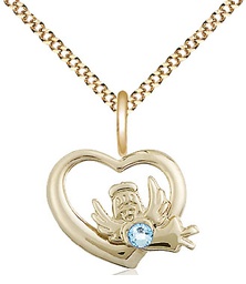 [4206GF-STN3/18G] 14kt Gold Filled Heart / Guardian Angel Pendant with a 3mm Aqua Swarovski stone on a 18 inch Gold Plate Light Curb chain