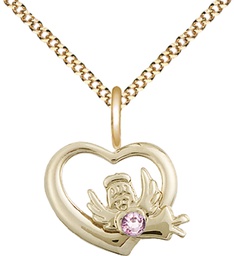 [4206GF-STN6/18G] 14kt Gold Filled Heart / Guardian Angel Pendant with a 3mm Light Amethyst Swarovski stone on a 18 inch Gold Plate Light Curb chain