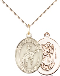 [8192GF/18GF] 14kt Gold Filled Saint Christopher Rodeo Pendant on a 18 inch Gold Filled Light Curb chain