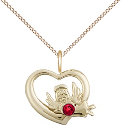 [4206GF-STN7/18GF] 14kt Gold Filled Heart / Guardian Angel Pendant with a 3mm Ruby Swarovski stone on a 18 inch Gold Filled Light Curb chain