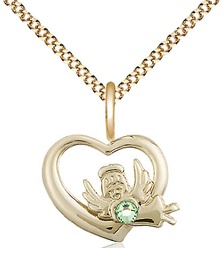 [4206GF-STN8/18G] 14kt Gold Filled Heart / Guardian Angel Pendant with a 3mm Peridot Swarovski stone on a 18 inch Gold Plate Light Curb chain