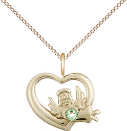 [4206GF-STN8/18GF] 14kt Gold Filled Heart / Guardian Angel Pendant with a 3mm Peridot Swarovski stone on a 18 inch Gold Filled Light Curb chain