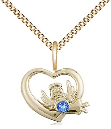 [4206GF-STN9/18G] 14kt Gold Filled Heart / Guardian Angel Pendant with a 3mm Sapphire Swarovski stone on a 18 inch Gold Plate Light Curb chain