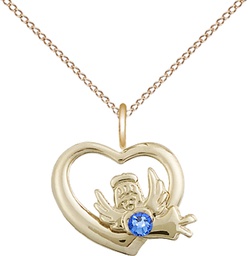 [4206GF-STN9/18GF] 14kt Gold Filled Heart / Guardian Angel Pendant with a 3mm Sapphire Swarovski stone on a 18 inch Gold Filled Light Curb chain