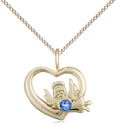 [4206GF-STN9/18GF] 14kt Gold Filled Heart / Guardian Angel Pendant with a 3mm Sapphire Swarovski stone on a 18 inch Gold Filled Light Curb chain