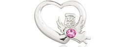 [4206SS-STN10] Sterling Silver Heart / Guardian Angel Medal with a 3mm Rose Swarovski stone