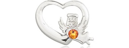 [4206SS-STN11] Sterling Silver Heart / Guardian Angel Medal with a 3mm Topaz Swarovski stone