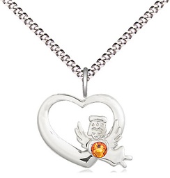 [4206SS-STN11/18S] Sterling Silver Heart / Guardian Angel Pendant with a 3mm Topaz Swarovski stone on a 18 inch Light Rhodium Light Curb chain