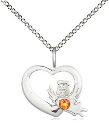 [4206SS-STN11/18SS] Sterling Silver Heart / Guardian Angel Pendant with a 3mm Topaz Swarovski stone on a 18 inch Sterling Silver Light Curb chain