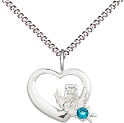 [4206SS-STN12/18S] Sterling Silver Heart / Guardian Angel Pendant with a 3mm Zircon Swarovski stone on a 18 inch Light Rhodium Light Curb chain