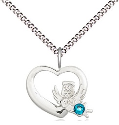 [4206SS-STN12/18S] Sterling Silver Heart / Guardian Angel Pendant with a 3mm Zircon Swarovski stone on a 18 inch Light Rhodium Light Curb chain