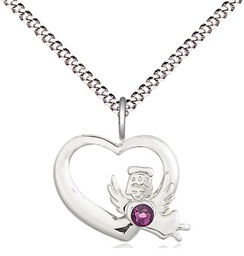 [4206SS-STN2/18S] Sterling Silver Heart / Guardian Angel Pendant with a 3mm Amethyst Swarovski stone on a 18 inch Light Rhodium Light Curb chain
