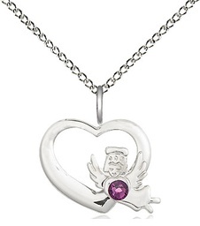 [4206SS-STN2/18SS] Sterling Silver Heart / Guardian Angel Pendant with a 3mm Amethyst Swarovski stone on a 18 inch Sterling Silver Light Curb chain