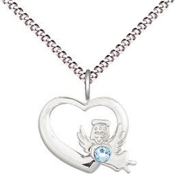 [4206SS-STN3/18S] Sterling Silver Heart / Guardian Angel Pendant with a 3mm Aqua Swarovski stone on a 18 inch Light Rhodium Light Curb chain