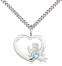 [4206SS-STN3/18S] Sterling Silver Heart / Guardian Angel Pendant with a 3mm Aqua Swarovski stone on a 18 inch Light Rhodium Light Curb chain