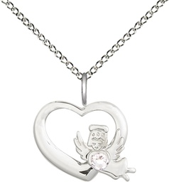 [4206SS-STN4/18SS] Sterling Silver Heart / Guardian Angel Pendant with a 3mm Crystal Swarovski stone on a 18 inch Sterling Silver Light Curb chain